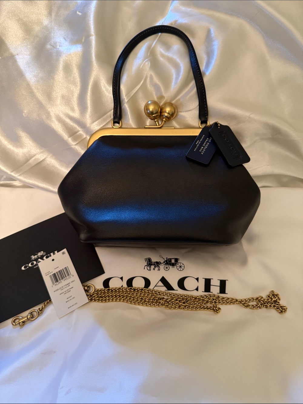 🖤🤎Coach Pre Owned Black Leather Kiss-Lock 16 Frame Shoulder Bag Gold Hardware - Picture 3 of 11